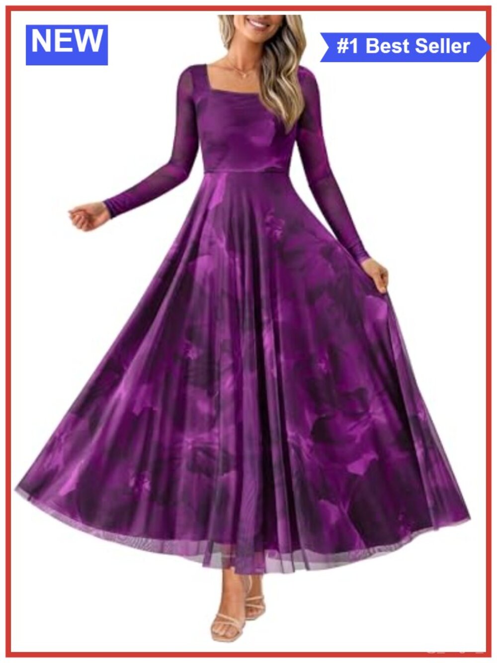 Boho Floral Maxi Dress Square Neck Long Sleeve A-Line Wedding Guest